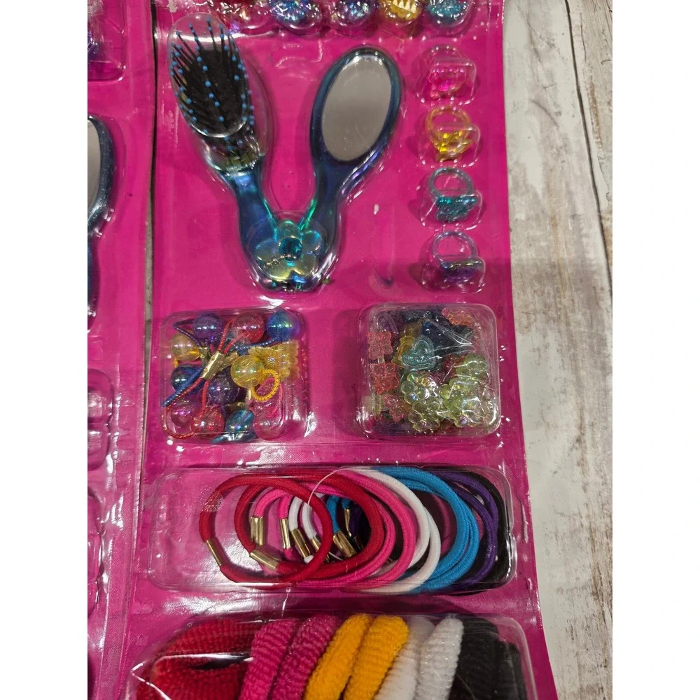 2- Vtg Fun Spirit Girls Hair Accessories 100pc Set Brush Mirror Clips Ties Clips